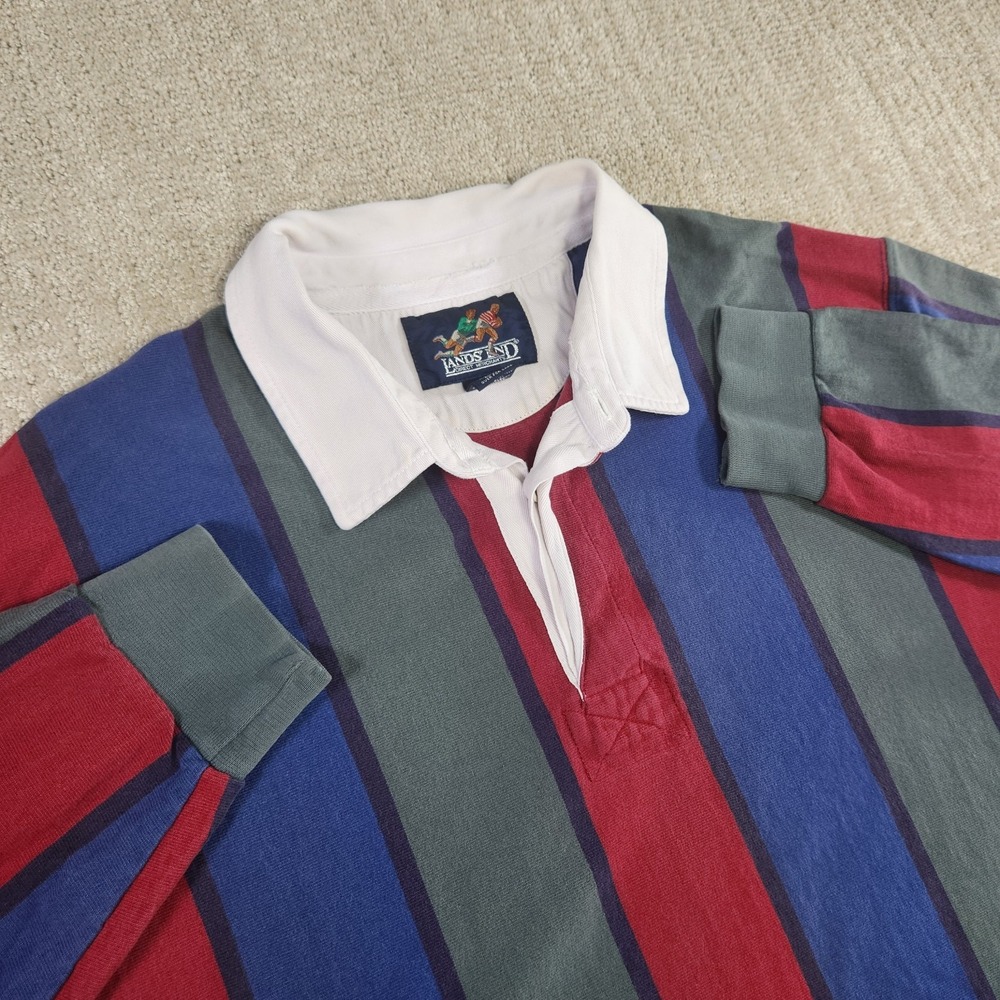 Vintage Lands End Rugby Shirt Men Large Heavy Cotton Vertical Striped 90s Chunky